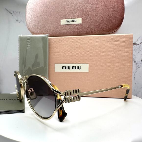 New MIU MIU Sunglasses Gold Metal Slim Frame Oval 100% Authentic Italy Gray Lens - Picture 12 of 16